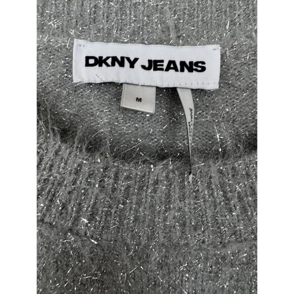 NWT DKNY Metallic Fuzzy Sweater Sz Med Silver Grey Bold Logo Sparkly Holiday - Picture 2 of 3